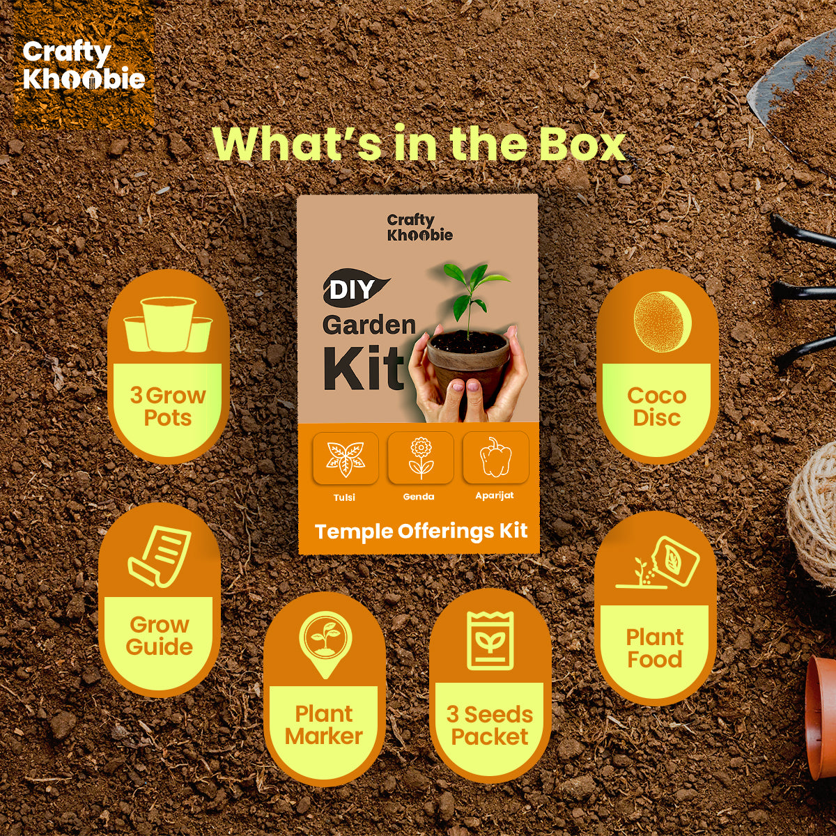 Crafty Khoobie 3 in 1 Temple Offerings Kit | DIY Kit of Sacred Plant Seeds– Tulsi, Genda & Aparijat Flower Seeds
