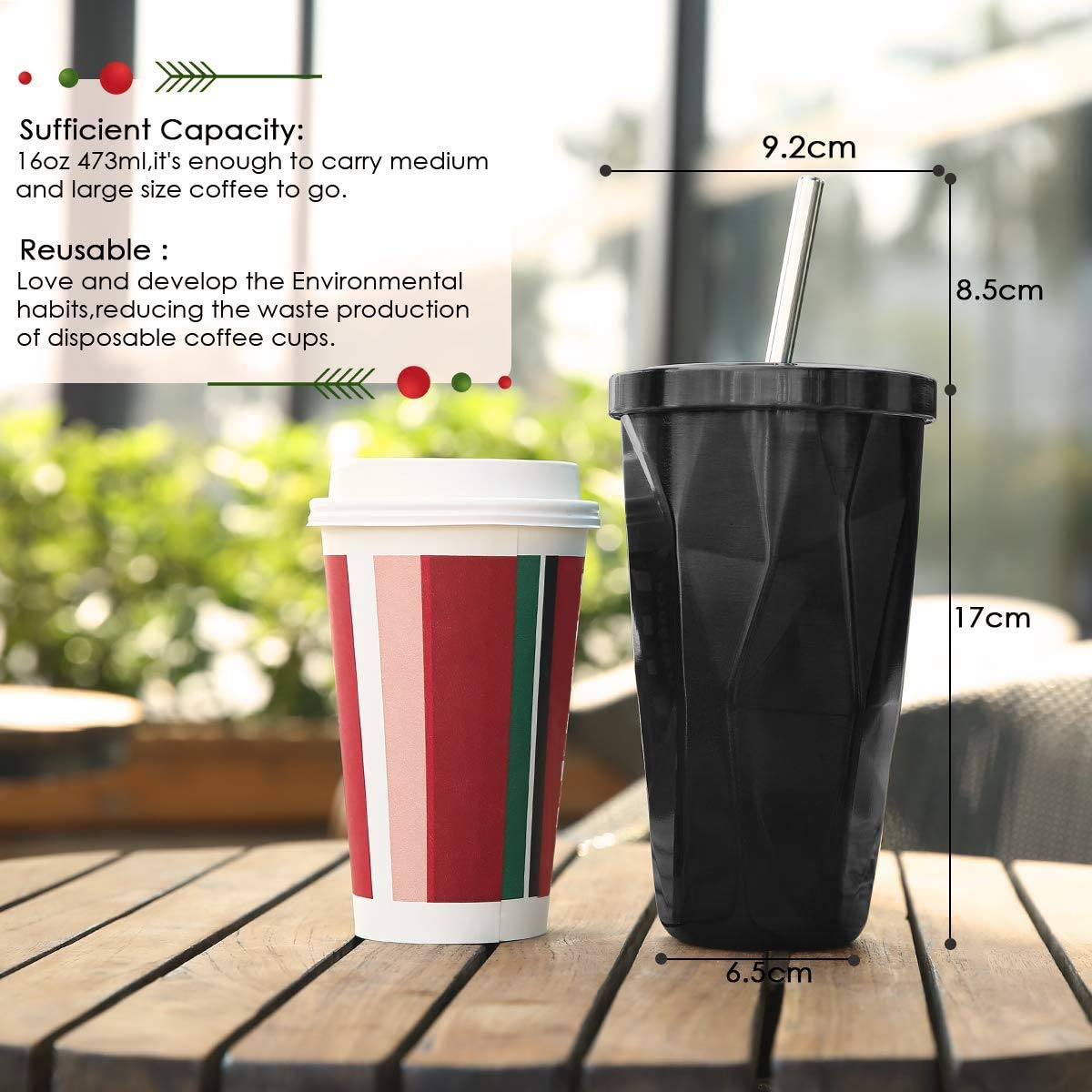 MustHome Diamond Tumbler with Straw Double Wall Insulated Stainless Steel Flask,‎500 ml|7W x 7H cm
