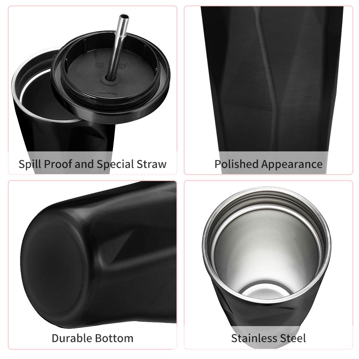 MustHome Diamond Tumbler with Straw Double Wall Insulated Stainless Steel Flask,‎500 ml|7W x 7H cm