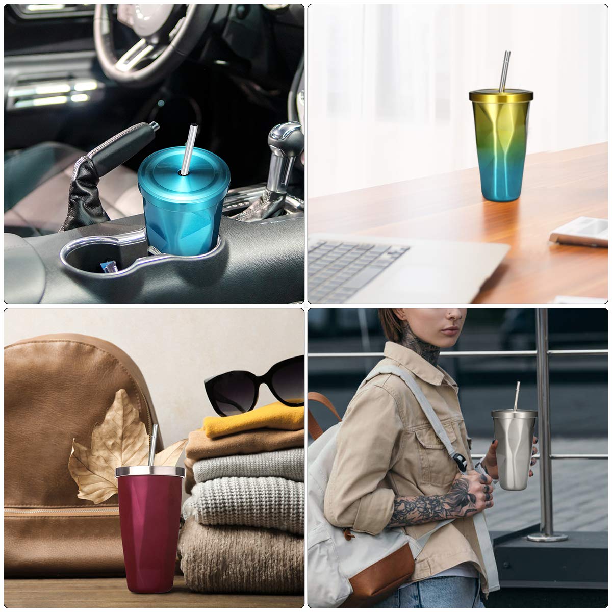MustHome Diamond Tumbler with Straw Double Wall Insulated Stainless Steel Flask,‎500 ml|7W x 7H cm