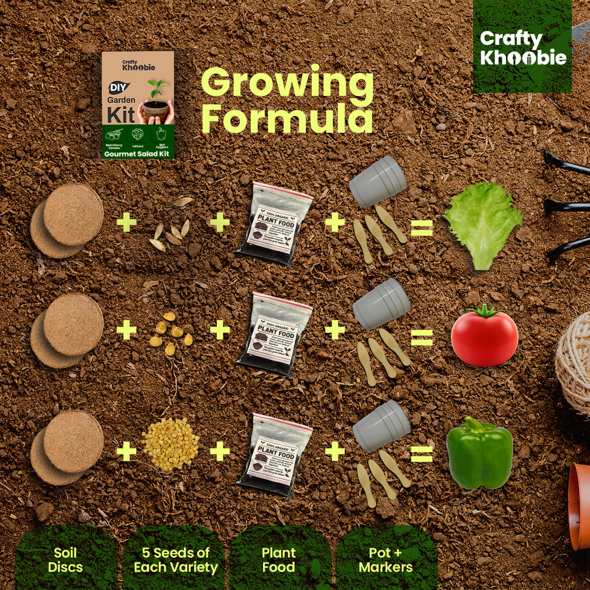 Crafty Khoobie 3 in 1 Gourmet Salad Kit | DIY Kit of Vegetable Seeds for Home Garden |Bell Peppers, Lettuce & Red Cherry Tomato Plant Seeds