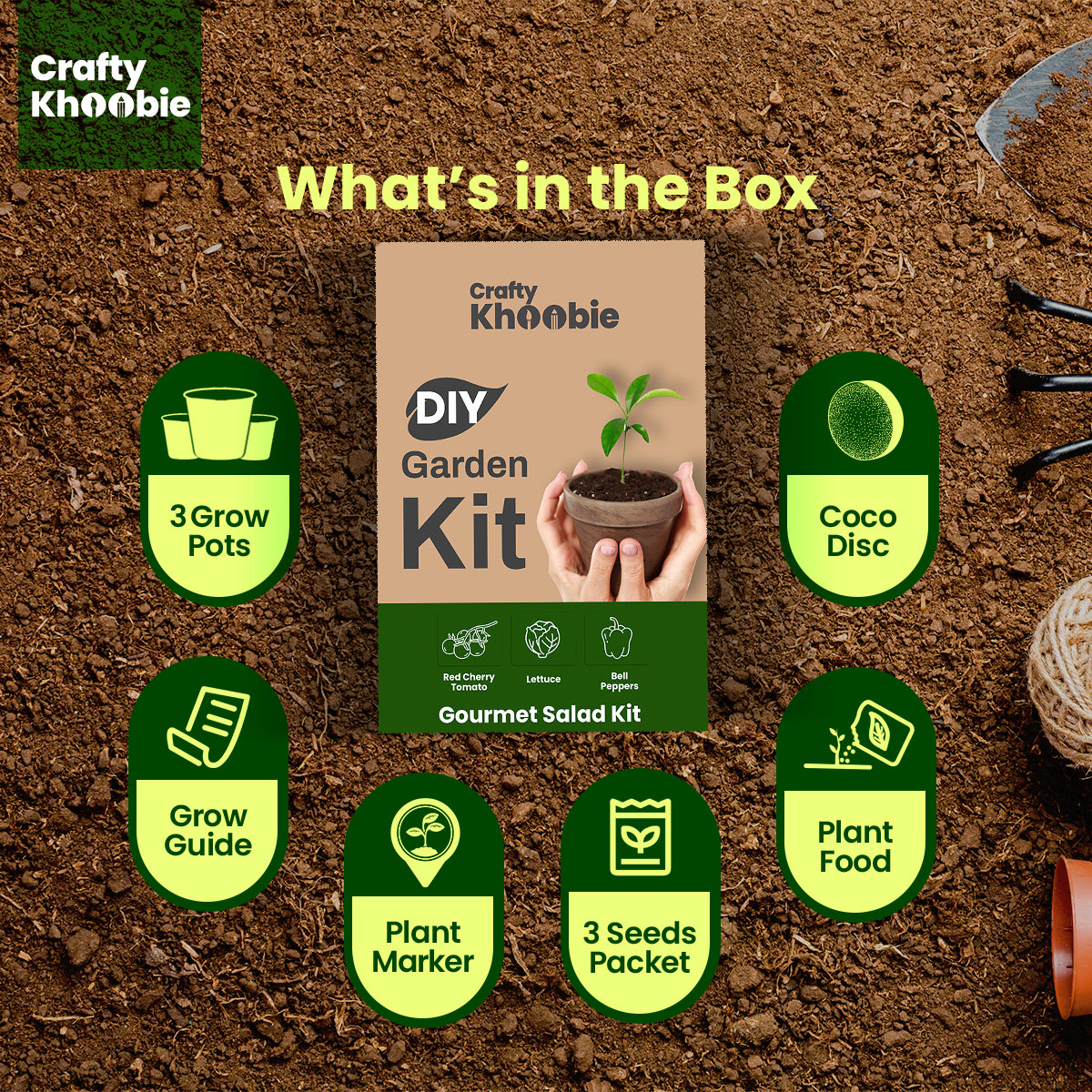 Crafty Khoobie 3 in 1 Gourmet Salad Kit | DIY Kit of Vegetable Seeds for Home Garden |Bell Peppers, Lettuce & Red Cherry Tomato Plant Seeds