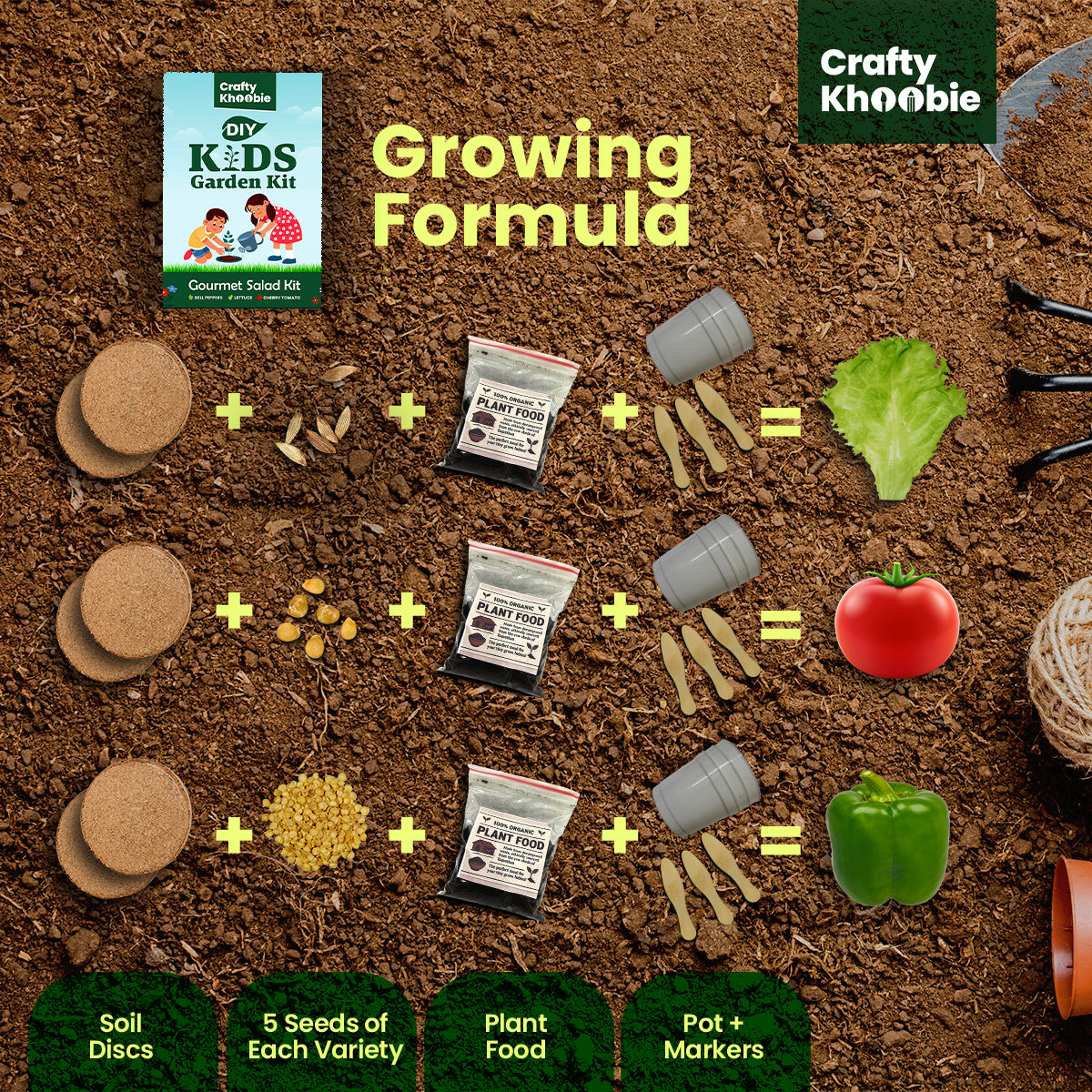 Crafty Khoobie 3 in 1 Gourmet Salad Kit | DIY Kit of Vegetable Seeds for Home Garden,Bell Peppers, Lettuce & Cherry Tomato Plant Seeds