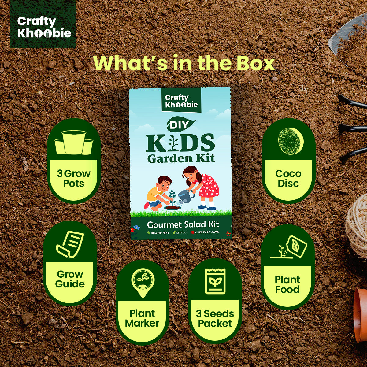 Crafty Khoobie 3 in 1 Gourmet Salad Kit | DIY Kit of Vegetable Seeds for Home Garden,Bell Peppers, Lettuce & Cherry Tomato Plant Seeds