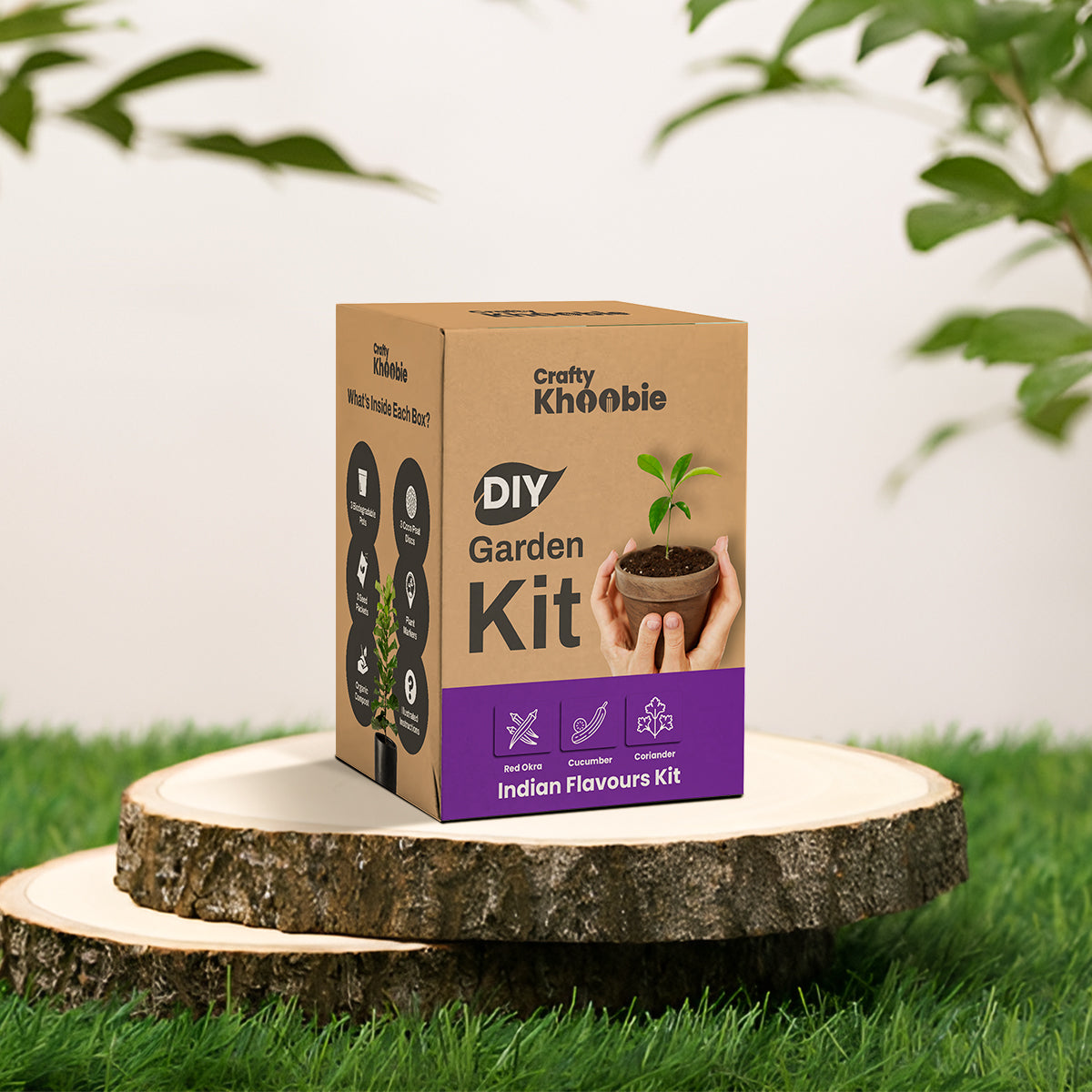 Crafty Khoobie 3 in 1 Indian Flavours Kit | DIY Kit of Vegetable Seeds for Home Garde |Red Okra, Cucumber & Coriander Plant Seeds
