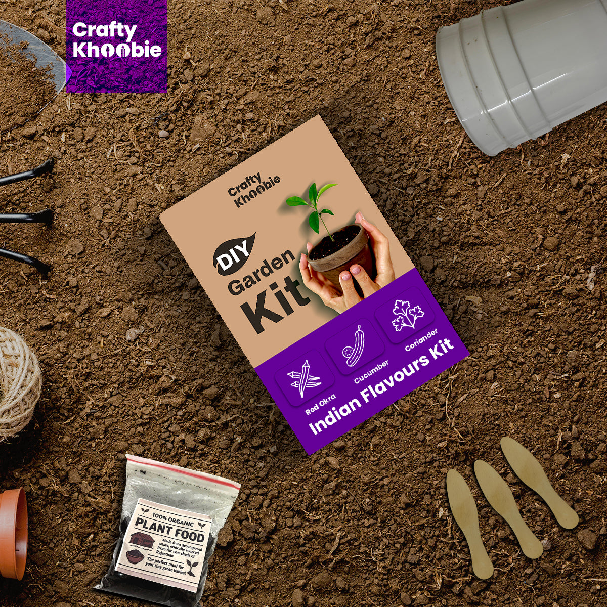 Crafty Khoobie 3 in 1 Indian Flavours Kit | DIY Kit of Vegetable Seeds for Home Garde |Red Okra, Cucumber & Coriander Plant Seeds