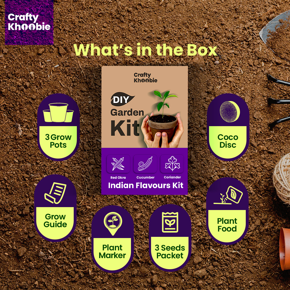 Crafty Khoobie 3 in 1 Indian Flavours Kit | DIY Kit of Vegetable Seeds for Home Garde |Red Okra, Cucumber & Coriander Plant Seeds