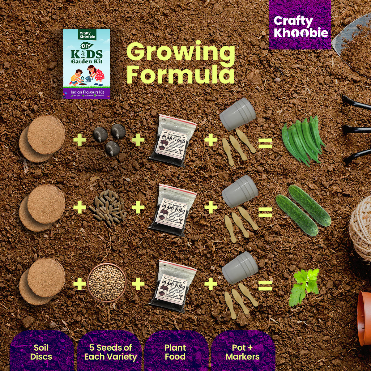 Crafty Khoobie 3 in 1 Indian Flavours Kit | DIY Kit of Vegetable Seeds for Home Garden |Red Okra, Cucumber & Coriander Plant Seeds