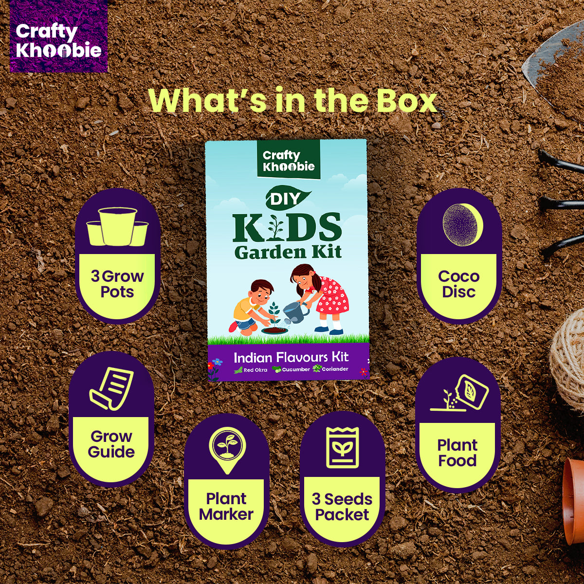 Crafty Khoobie 3 in 1 Indian Flavours Kit | DIY Kit of Vegetable Seeds for Home Garden |Red Okra, Cucumber & Coriander Plant Seeds