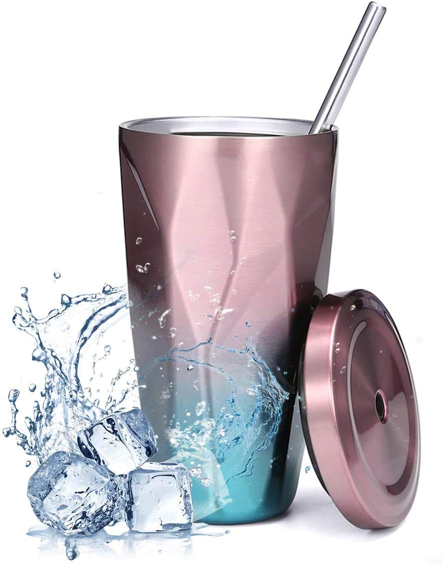 MustHome  Stainless Steel Diamond Shaped Double Walled Vacuum Insulated Mug Tumbler with Straw and Leakproof Flask ,500ml|‎7 x 7 x 25 cm