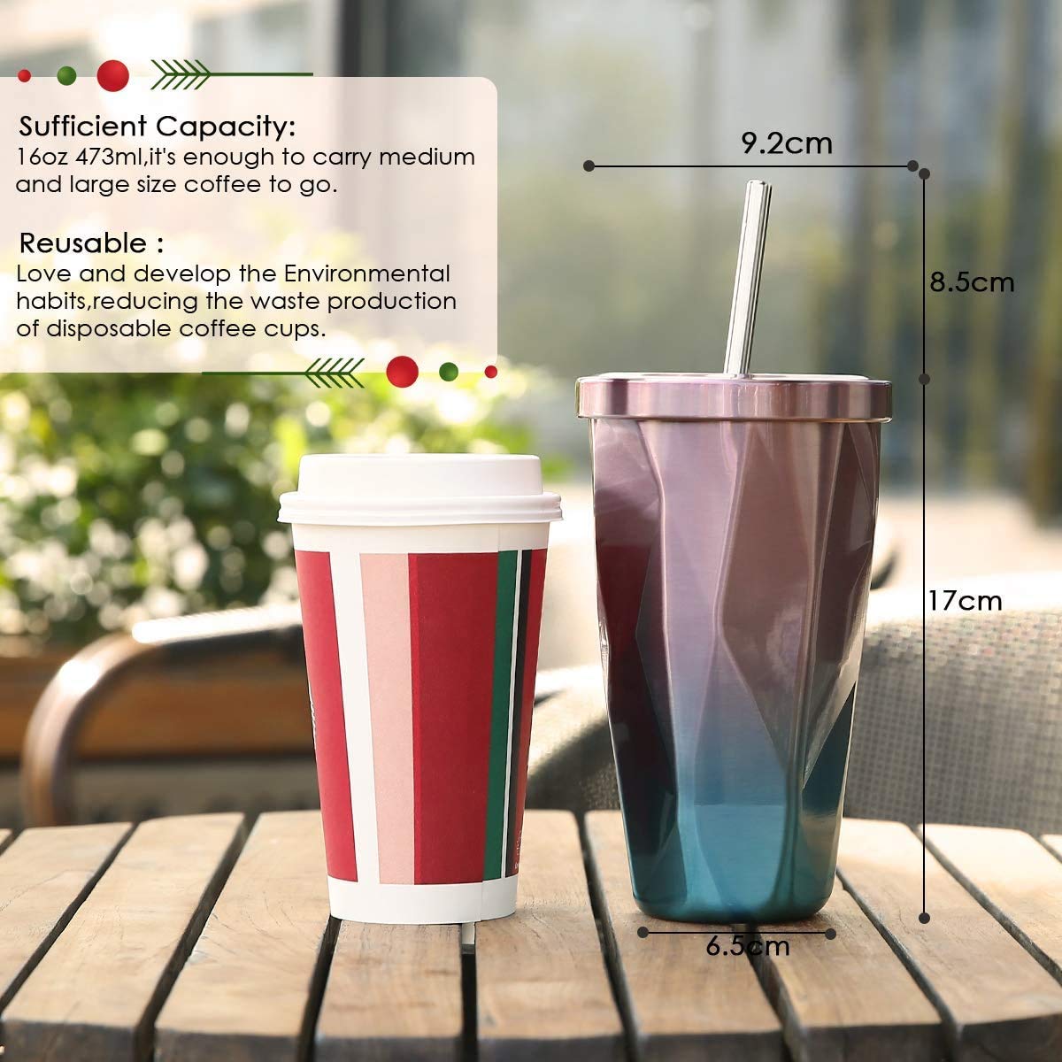 MustHome Stainless Steel Diamond Shaped Double Walled Vacuum Insulated Mug ,‎500 ml|9W x 17H cm