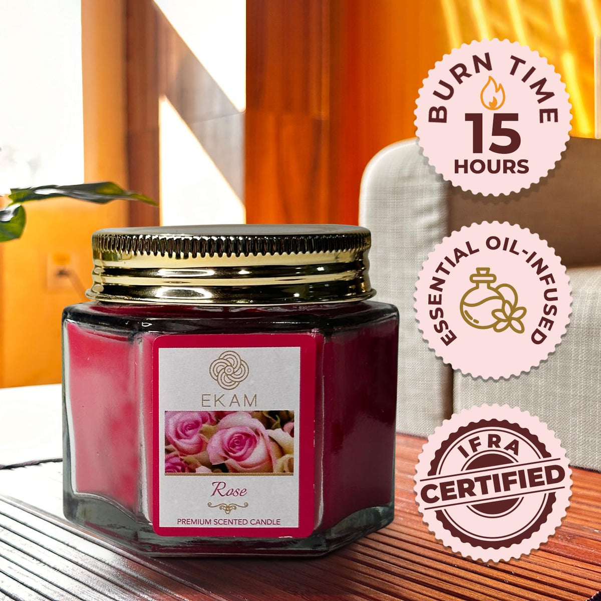 Rose Scented Votive Hexa Jar Candle| Coloured| Long Lasting| Ideal for Home Decor,	6W x 6HCM