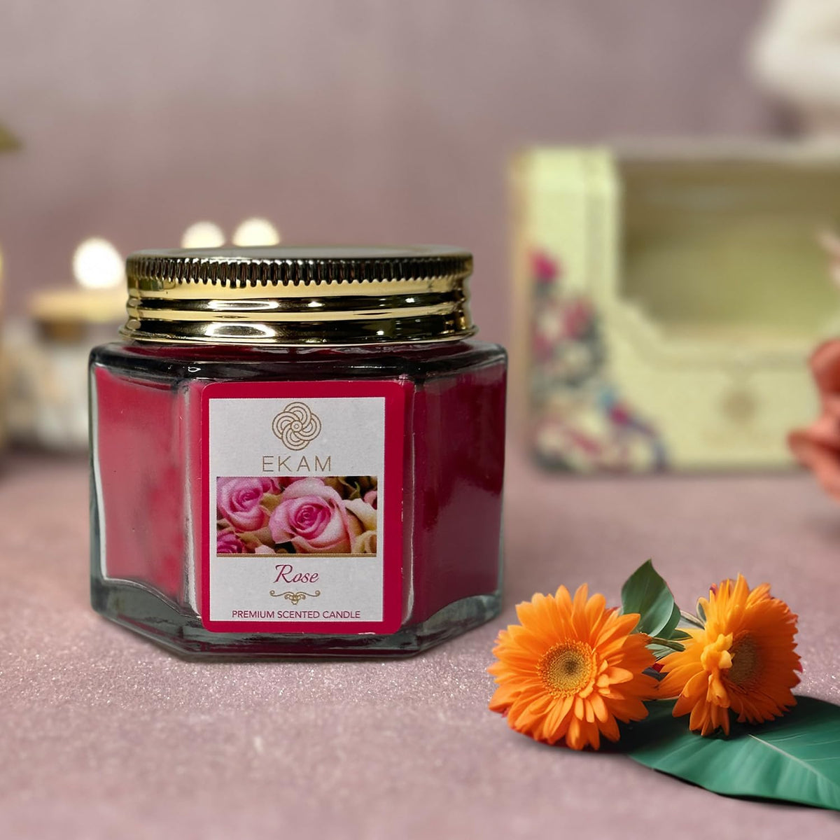 Rose Scented Votive Hexa Jar Candle| Coloured| Long Lasting| Ideal for Home Decor,	6W x 6HCM