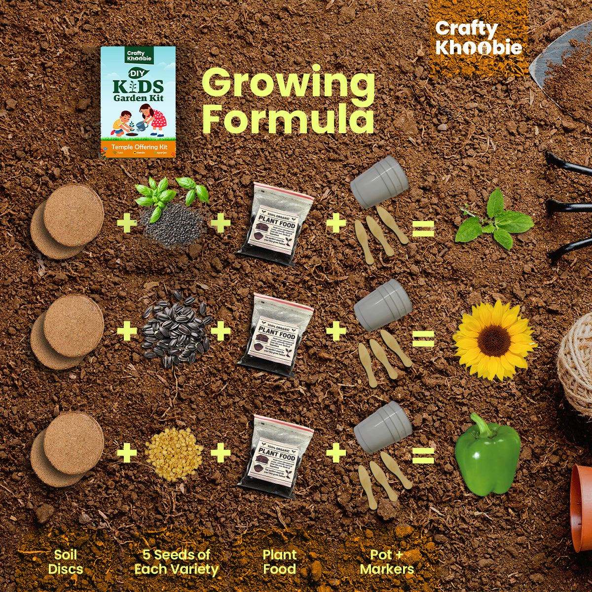 Crafty Khoobie 3 in 1 Temple Offering Kit | DIY Kit of Sacred Plant Seeds for Home Garden |Tulsi, Genda & Aparijat