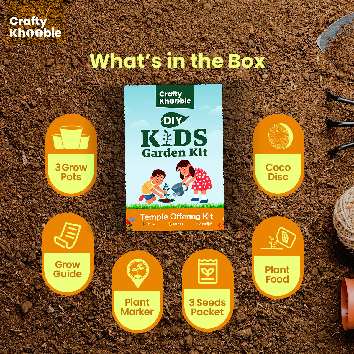 Crafty Khoobie 3 in 1 Temple Offering Kit | DIY Kit of Sacred Plant Seeds for Home Garden |Tulsi, Genda & Aparijat