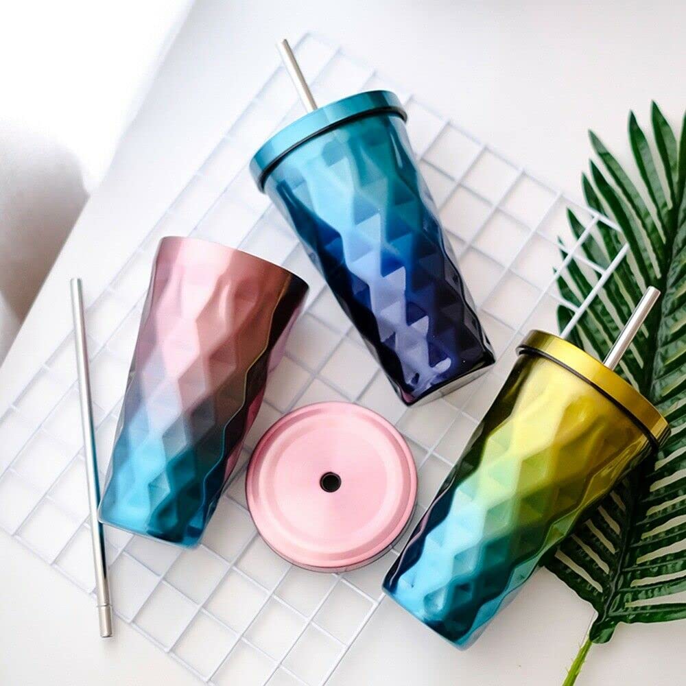 MustHome  Stainless Steel Diamond Shaped Double Walled Vacuum Insulated Mug Tumbler with Straw and Leakproof Flask ,500ml|‎7 x 7 x 25 cm