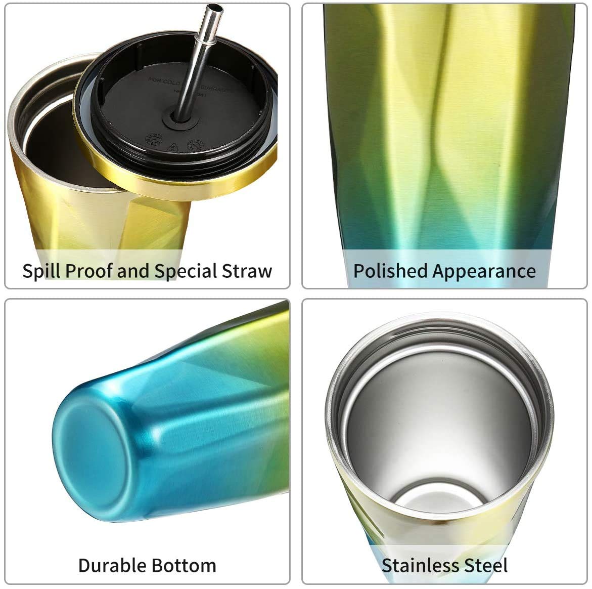 MustHome  Stainless Steel Diamond Shaped Double Walled Vacuum Insulated Mug Tumbler with Straw and Leakproof Flask ,500ml|‎7 x 7 x 25 cm