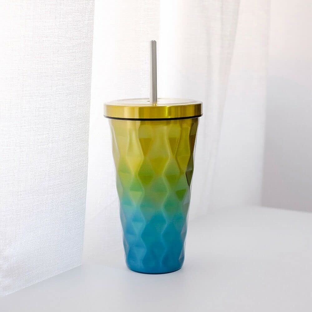 MustHome  Stainless Steel Diamond Shaped Double Walled Vacuum Insulated Mug Tumbler with Straw and Leakproof Flask ,500ml|‎7 x 7 x 25 cm