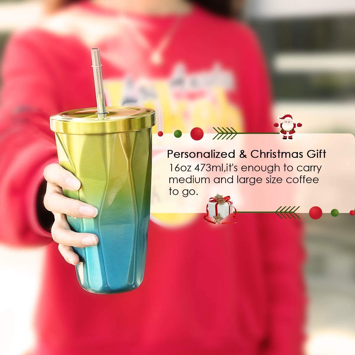 MustHome  Stainless Steel Diamond Shaped Double Walled Vacuum Insulated Mug Tumbler with Straw and Leakproof Flask ,500ml|‎7 x 7 x 25 cm