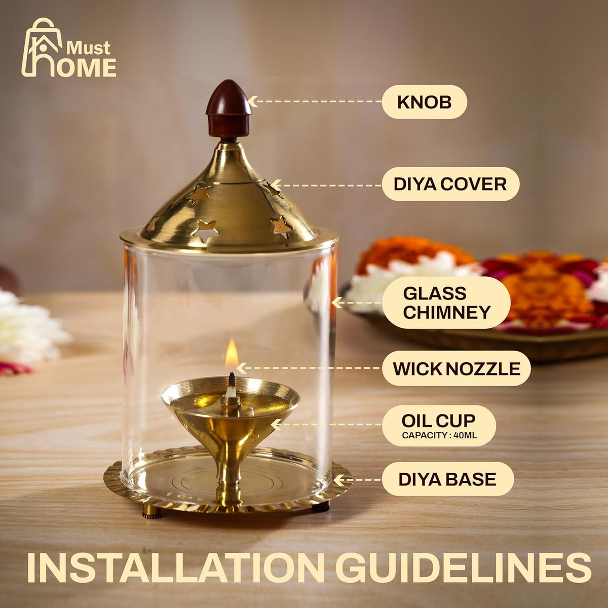 Akhand Diya with Adjustable bati | Diya for Pooja | Tea Light Holder |	8L x 8W x 12H