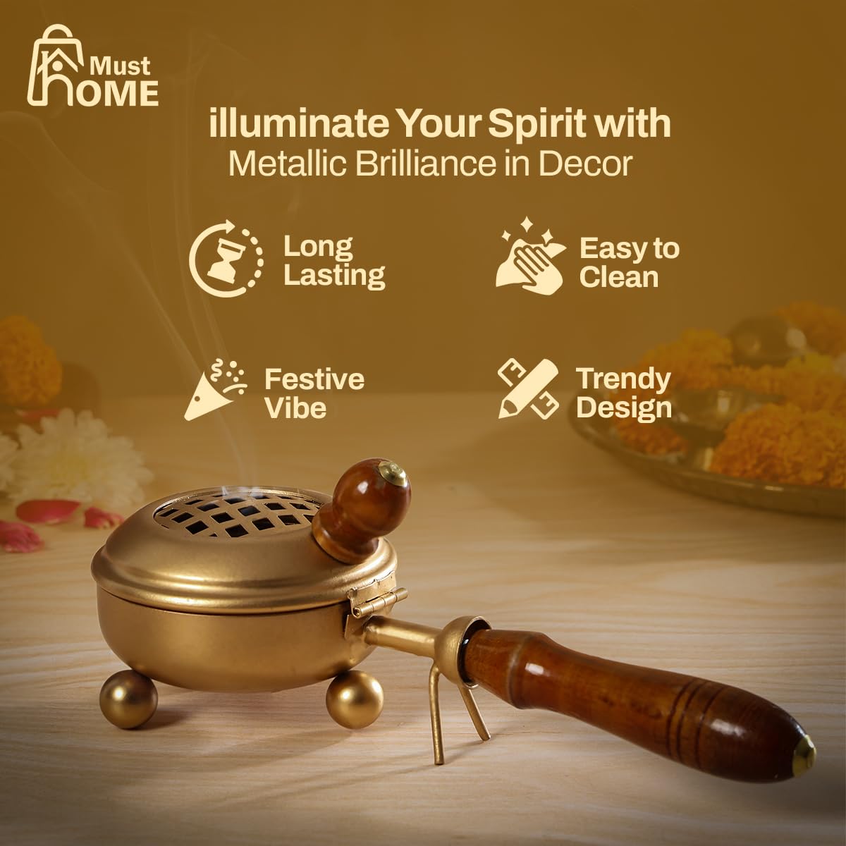 MustHome Brass Dhuna Loban Burner | Dhoop Holder | Dhoop Stand | 26L x 12W x 9Th