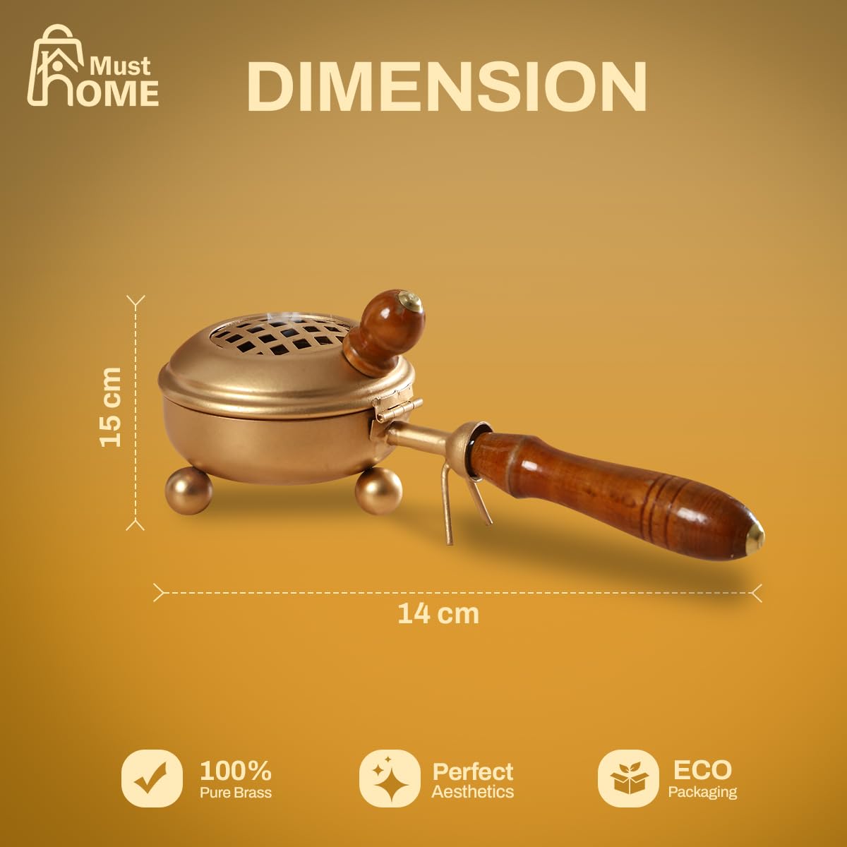 MustHome Brass Dhuna Loban Burner | Dhoop Holder | Dhoop Stand | 26L x 12W x 9Th