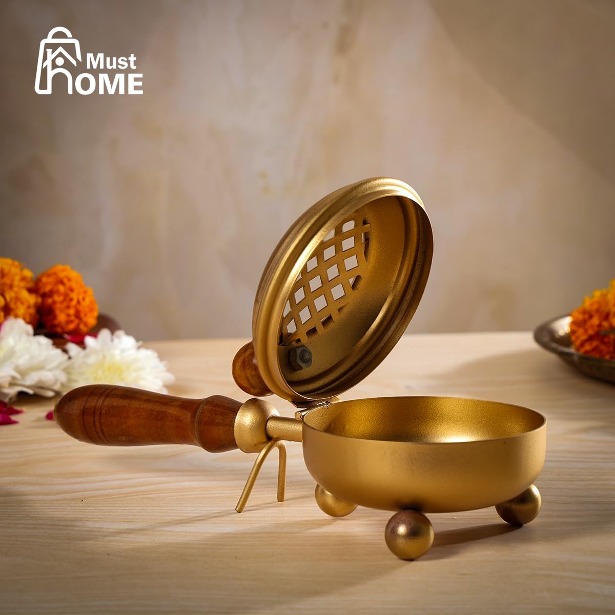 MustHome Brass Dhuna Loban Burner | Dhoop Holder | Dhoop Stand | 26L x 12W x 9Th