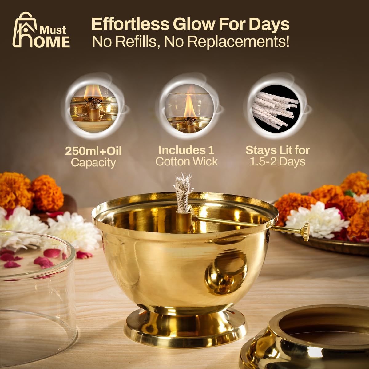 100% Pure Brass Akhand Jyot Diya with Adjustable Bati Knob, Wick Lifting Screw Lever, Glass Cover|250ml