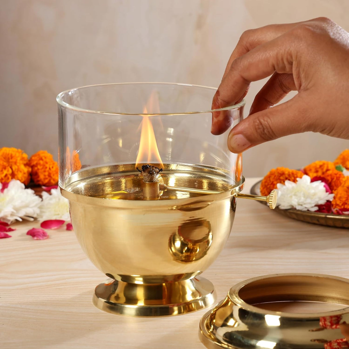 100% Pure Brass Akhand Jyot Diya with Adjustable Bati Knob, Wick Lifting Screw Lever, Glass Cover|250ml