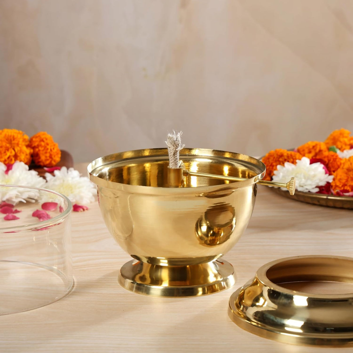 100% Pure Brass Akhand Jyot Diya with Adjustable Bati Knob, Wick Lifting Screw Lever, Glass Cover|250ml