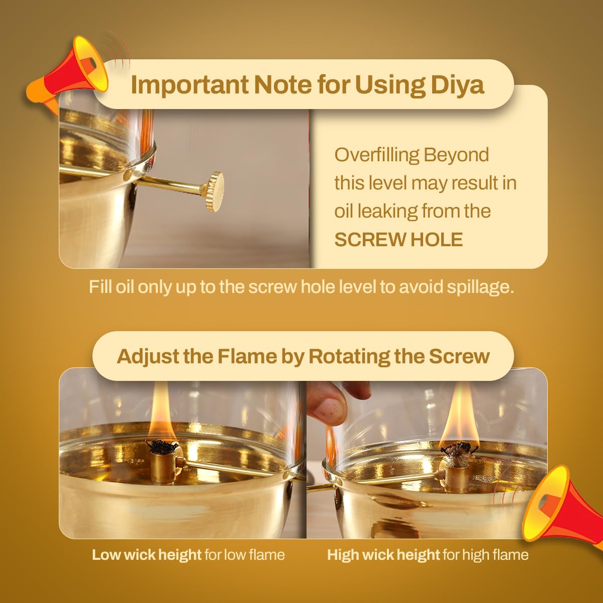 100% Pure Brass Akhand Jyot Diya with Adjustable Bati Knob, Wick Lifting Screw Lever, Glass Cover|250ml