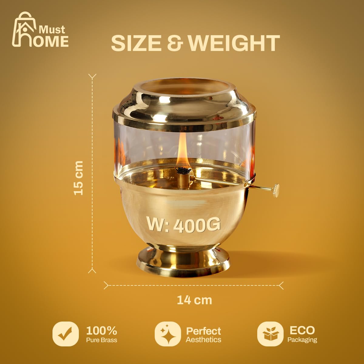 100% Pure Brass Akhand Jyot Diya with Adjustable Bati Knob, Wick Lifting Screw Lever, Glass Cover|250ml