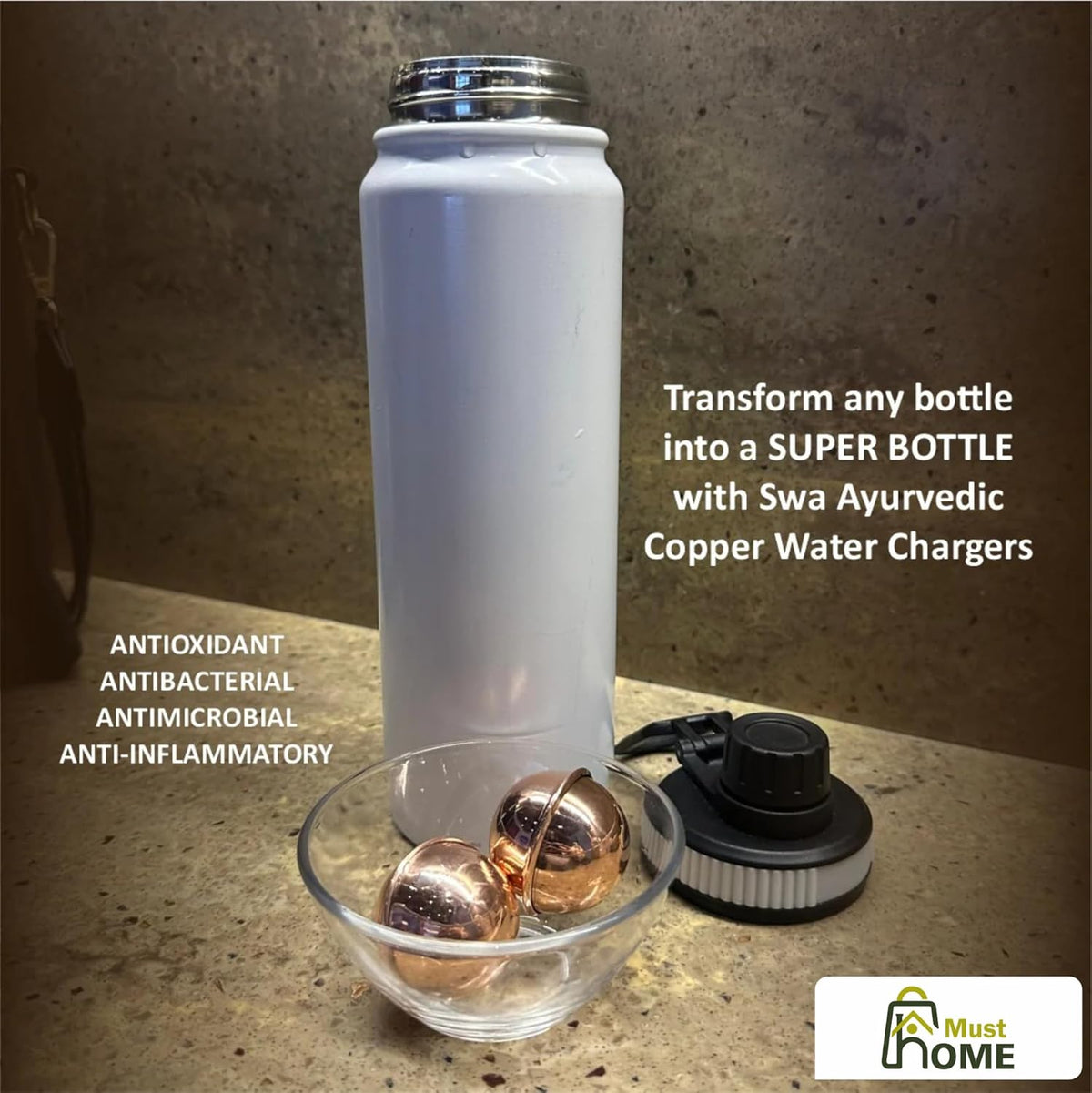 Musthome Copper Water Bottle Alternative Ayurvedic Organic Pure Copper Ball, 99% Purity